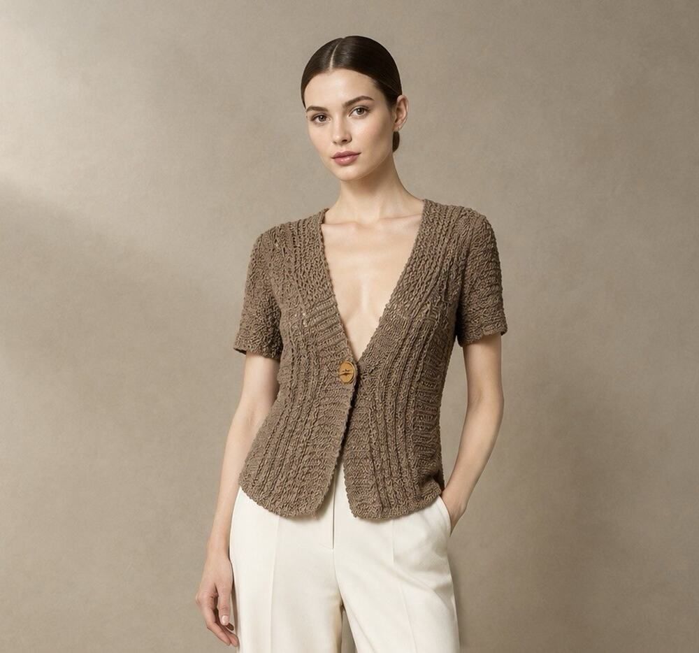 Marisa Christina Cardigan Vintage Taupe Pointelle Open Knit One Button Women Med